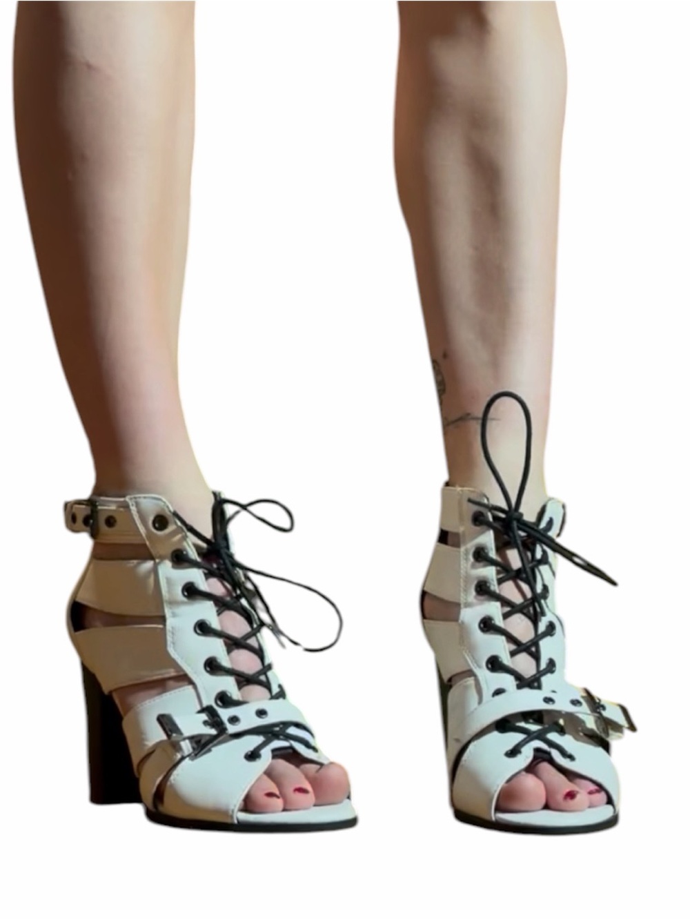 Lace-Up White Cutout Block Heel Sandals